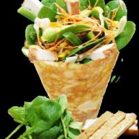19. Vegetarian Lover Crepe · Baby spinach, julienned carrots, shelled edamame (soybeans), tofu rectangled, cucumbers, avo...