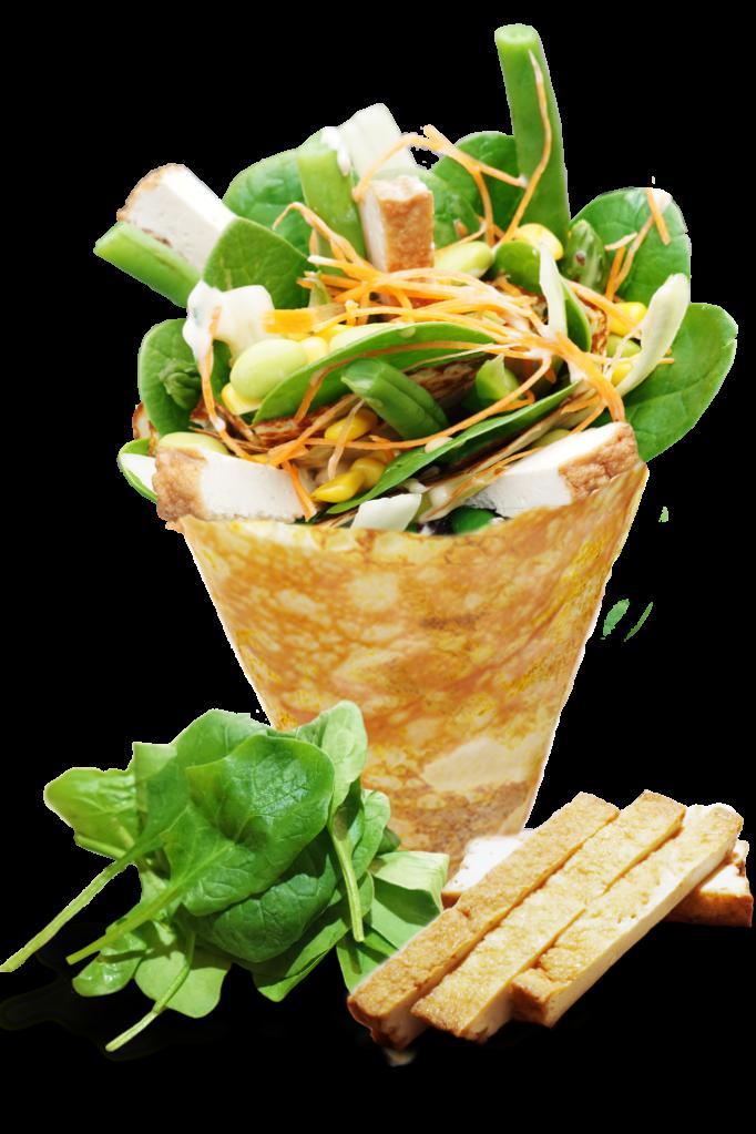 19. Vegetarian Lover Crepe · Baby spinach, julienned carrots, shelled edamame (soybeans), tofu rectangled, cucumbers, avocado, string beans, corn, raisins, tofu sauce, sesame dressing.