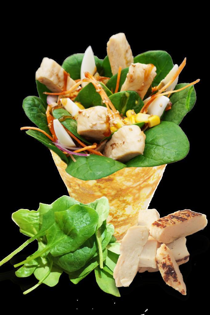 22. Chicken Teriyaki Crepe · Sliced chicken breast, baby spinach, julienned carrots, corn, red onions, boiled eggs, crunchy shallots, sesame seed, sesame dressing, teriyaki sauce.