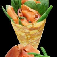 26. Smoked Salmon Crepe · Smoked salmon, cream cheese, baby spinach, capers, red onions and string beans.  260Cal