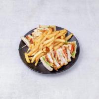 Grilled Chicken Club · Bacon, lettuce, tomatoes and mayo. Served with french fries.