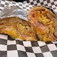 Ham and Egg Burrito · 3 Eggs, hash brown, jack and cheddar cheeses.