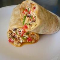 Veggie And Egg Burrito · 3 Eggs, hash brown, mushrooms, tomato, bell pepper, onion,  jack and cheddar cheeses.