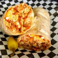 Chorizo And Egg Burrito · 3 Eggs, hash brown, jack and cheddar cheeses.