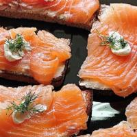 Cured Salmon Crostini · Cured Salmon, Creme Cheese , Dill On A Toast
