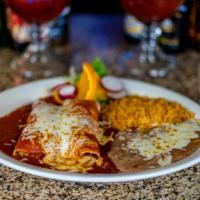 Combo #2 Two Red Enchiladas · Two cheese enchiladas (red sauce) with your choice of meat. Served with two sides.