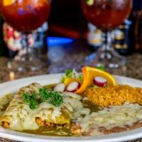 Combo #14 Two Green Enchiladas · Two cheese enchiladas (green sauce) with your choice of meat. Served with two sides.