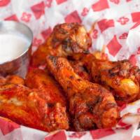 Hot Wings · Eight chicken wings with a little heat, served with ranch or bleu cheese.