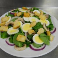 Fresh Spinach Salad · Fresh spinach leaves with slices of hard boiled egg, sliced red onion, fresh sliced mushroom...