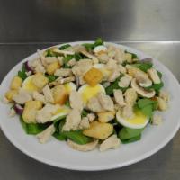 Fresh Spinach Salad with Chicken · Fresh spinach leaves with slices of hard boiled egg, sliced red onion, fresh sliced mushroom...
