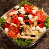 Our House Salad · Grilled chicken, mozzarella, roasted peppers, tomato and black olives over a bed of lettuce.