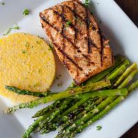 Salmon · 8 oz. of grilled wild Alaskan salmon filet served with grilled asparagus and fries.