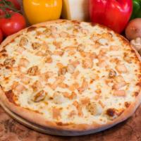 Garlic Chicken Pizza · Creamy garlic sauce, chunks of chicken, fresh tomatoes, onions and mozzarella cheese.