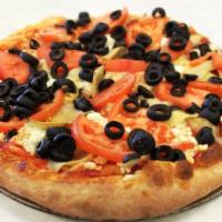 Greek Gourmet Pizza · Artichoke hearts, feta cheese, black olives, tomatoes and garlic. 
