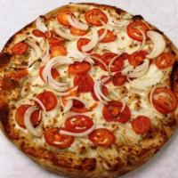 Garlic Chicken Pizza · Creamy garlic sauce, grilled chicken, onion and fresh tomato. 