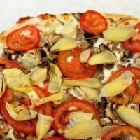 Veggie Alfredo Pizza · Fresh tomato, mozzarella, creamy garlic sauce, artichoke and mushroom. 