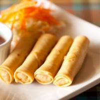 Thai Egg Rolls · Vegetarian deep fried spring rolls. Marinated in a black pepper and light soy sauce. Mixed w...