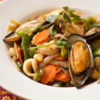 Basil Seafood · Sauteed combination of seafood with bell peppers, onions, green beans, bamboo shoot and Thai...