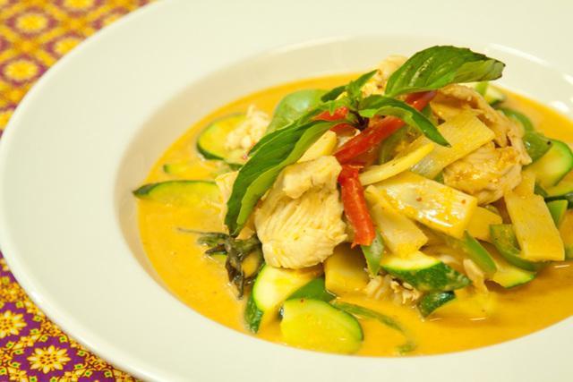 Panang Curry · Medium panang curry in coconut milk with bell peppers, zucchini, green peas, kaffir lime leaf and Thai basil. Includes steamed jasmine rice.