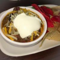 Chef's Chili · Angus beef, black beans, tomatoes, onions, garlic, cheddar & Monterey Jack cheese, sour crea...