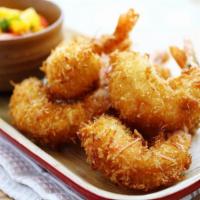 4. Coconut Prawns · 5 pieces flash fried black tiger shrimp dipped in coconut flakes. Served with Thai sweet chi...