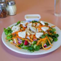 Grilled Chicken Salad · Romaine lettuce, tomato, radish, red onions, carrot and fresh mozzarella.