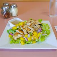 Mango Salad · Choose shrimp or chicken with romaine lettuce, red onions, cranberries and seeds.