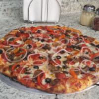 Capos Supremo Pizza · Pizza sauce, mozzarella, pepperoni, Italian sausage, mushrooms, red onions, red bell peppers...
