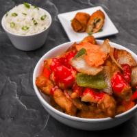Sweet and Sour Chicken · Served with steamed white rice.
