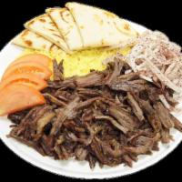 18. Steak Shawarma Plate · Marinated Angus beef broiled on a vertical skewer with onion, tomatoes and garlic sauce. Inc...