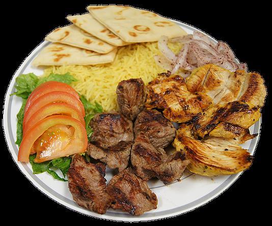 20. Combination Plate · Choice of 2 meats. Includes small salad, choice of rice or fries, pita bread, house sauce and a drink.