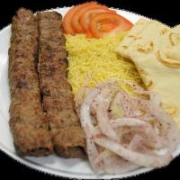 22. Kefta Plate · Seasoned ground beef & lamb charbroiled on a skewer served with tomato, onion, lettuce and o...