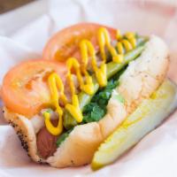 27. Chicago Dog · Served with onions, tomatoes, relish, pickle, sport peppers & dash of celery salt.