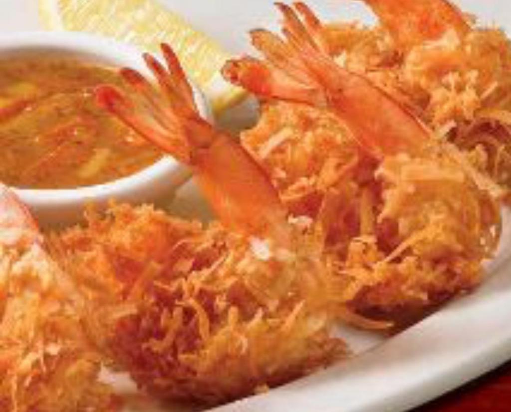 Coconut Shrimp · 6 pieces, deep fried shrimp, coconut served with plum sauce.