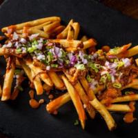 Dirty Fries · French fries topped with Burnt Ends, spicy wing sauce, scallions and red onion. Spicy.