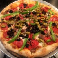 Papa Albert's Thin Crust Pizza · Italian sausage, black olives, pepperoni, onions, bell peppers, mushrooms and green olives.