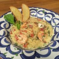 Shrimp Bianca Cappellini · Angel hair pasta, sauteed shrimp, asparagus and roasted red pepper in our classic white wine...