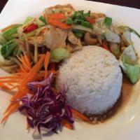 Cashew Nuts · Stir fried cabbage, carrots, bok choy, bamboo shoots, bell peppers and onions finished with ...