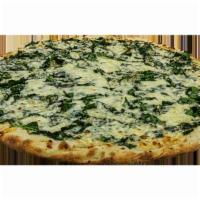 Aunt Rose's Spinach Pizza · Fresh local spinach, garlic, extra-virgin olive oil, fresh dough, mozzarella cheese, basil a...