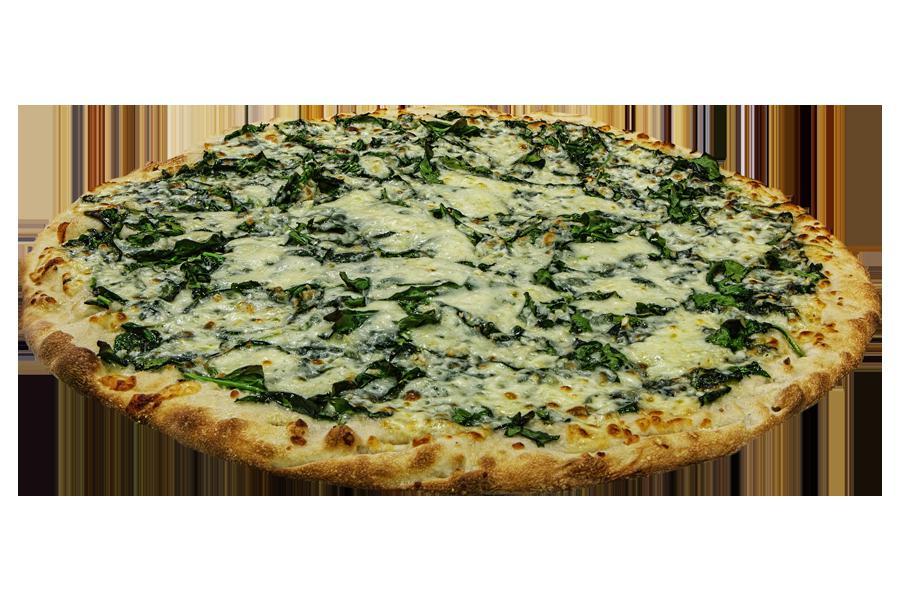 Aunt Rose's Spinach Pizza · Fresh local spinach, garlic, extra-virgin olive oil, fresh dough, mozzarella cheese, basil, and pecorino Romano cheese.