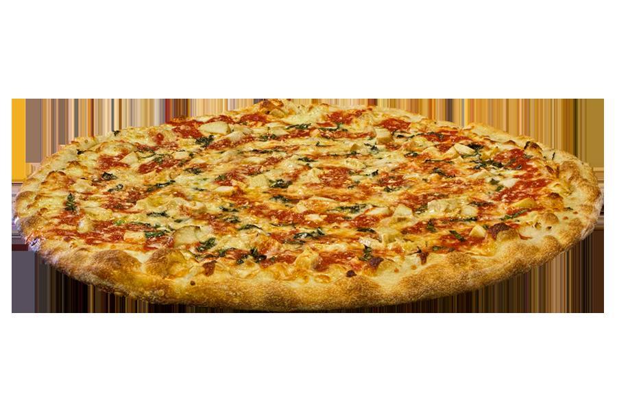 Chicken Parmigana Pizza · Fresh dough, tomato sauce, fresh mozzarella cheese, pecorino Romano cheese, chicken breast and spices.