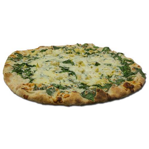 Fresh Spinach Artichoke Pizza · Fresh local spinach and artichoke hearts carefully hand cut to bring out their flavors, garlic, extra-virgin olive oil, fresh dough and pecorino Romano cheese.