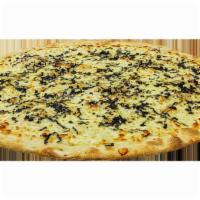 Fresh White and Black Garlic Pizza · Fresh garlic, extra-virgin olive oil, Romano cheese, mozzarella, basil, topped with a fresh ...