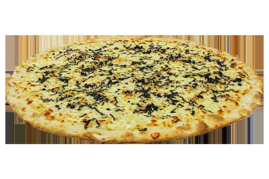 Fresh White and Black Garlic Pizza · Fresh garlic, extra-virgin olive oil, Romano cheese, mozzarella, basil, topped with a fresh dose of black garlic.