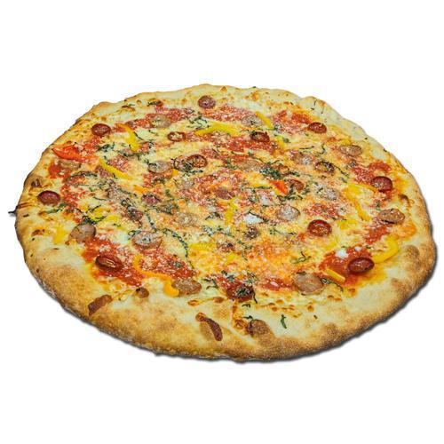 Grandpa's Pizza · Fresh dough, tomato sauce, pepperoni, sausage, sweet peppers, extra-virgin-olive oil, garlic, shallots, basic, pecorino Romano cheese, mozzarella cheese and basil.