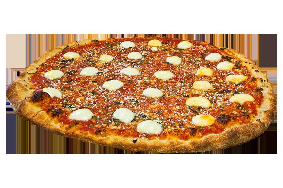 Margherita Pizza · Fresh dough, fresh local spinach, garlic, extra-virgin olive oil, fresh sliced mozzarella cheese, basil and pecorino Romano cheese.