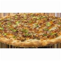 Steak, Peppers & Onion Pizza · Fresh Dough, Steak, Peppers, Onions, Mozzarella and Pecorino Romano Cheese.