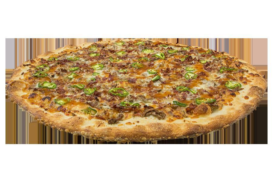 Steak, Peppers and Onion Pizza · Fresh dough, steak, peppers, onions, mozzarella and Pecorino Romano cheese.