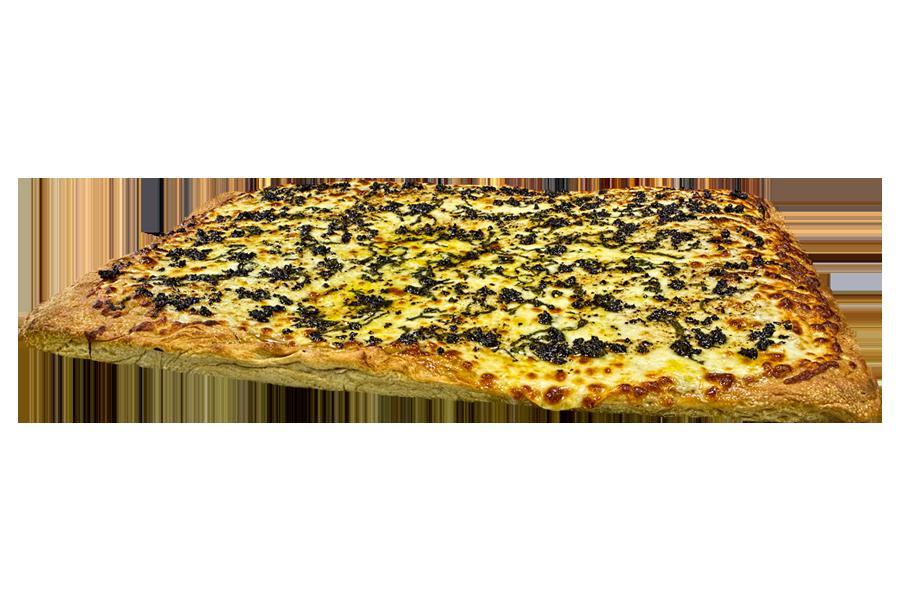 Sicilian Fresh White and Black Garlic Pizza · 32 slices. Fresh californian white and black sweet garlic, extra-virgin olive oil, fresh dough, basil and pecorino Romano cheese. Rectangular 1