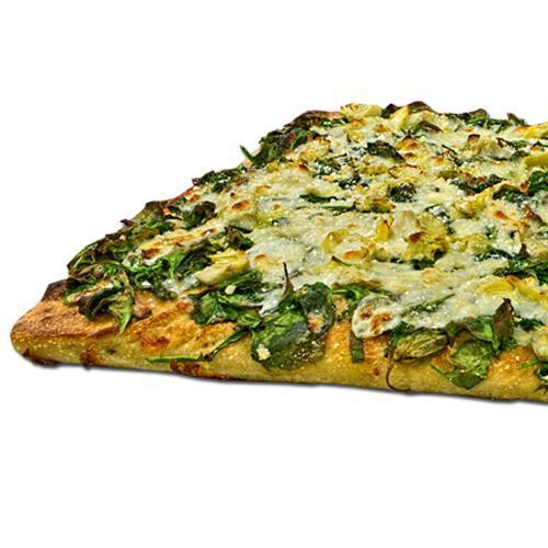 Sicilian Fresh Spinach Artichoke Pizza · 32 Slices. Fresh local spinach and artichoke hearts carefully hand cut to bring out their flavors, garlic, extra-virgin olive oil, fresh dough, and pecorino Romano cheese. Rectangular 1